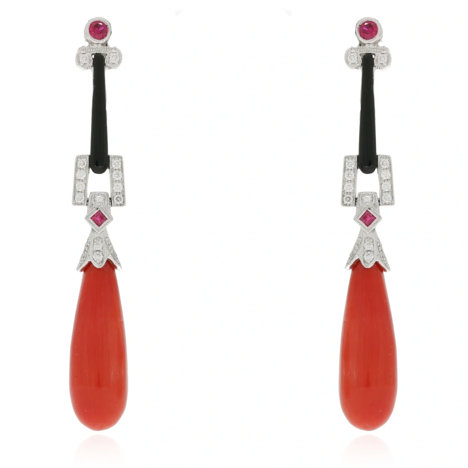 Coral earrings with ruby and onyx