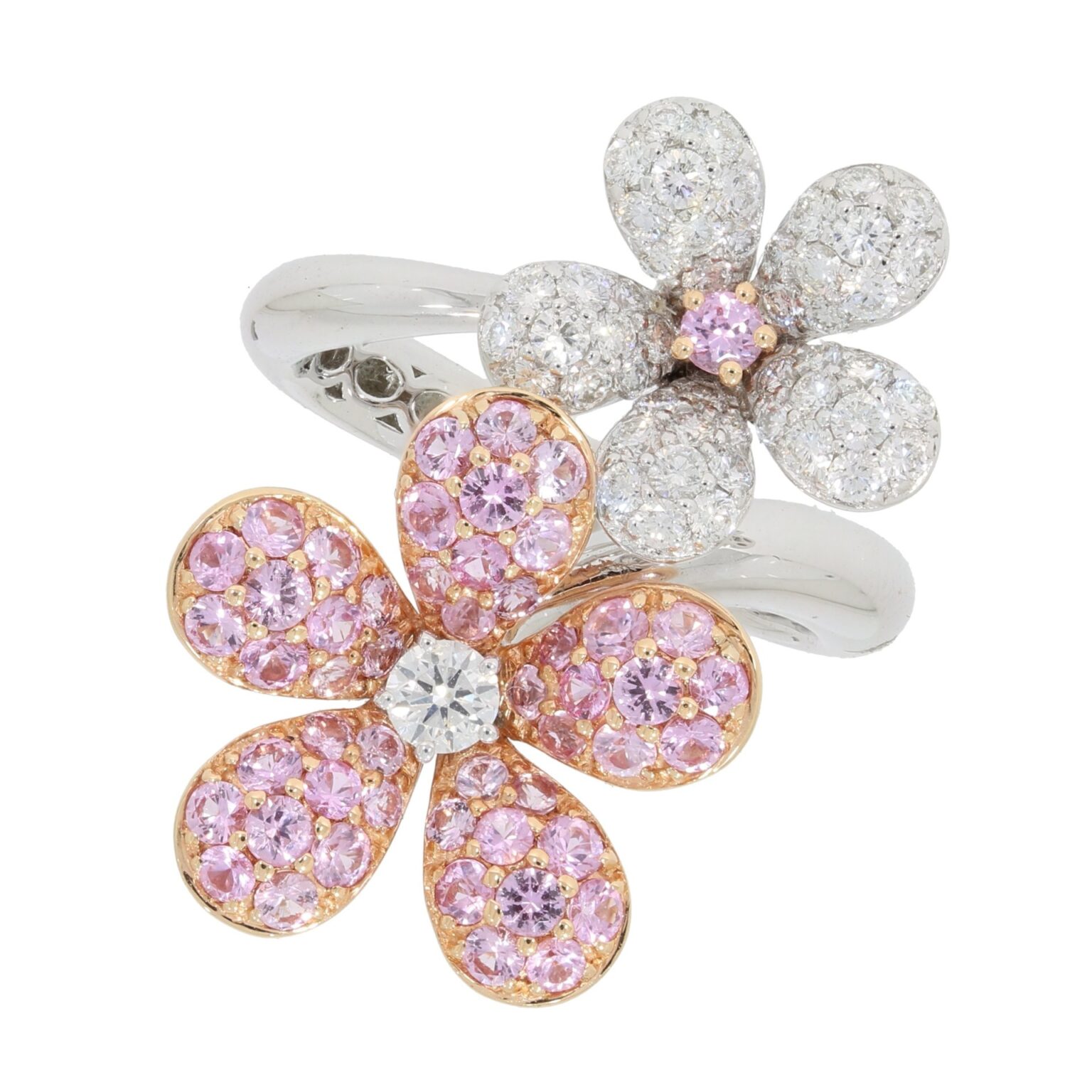 Blumenring mit Diamanten und pinken Saphiren