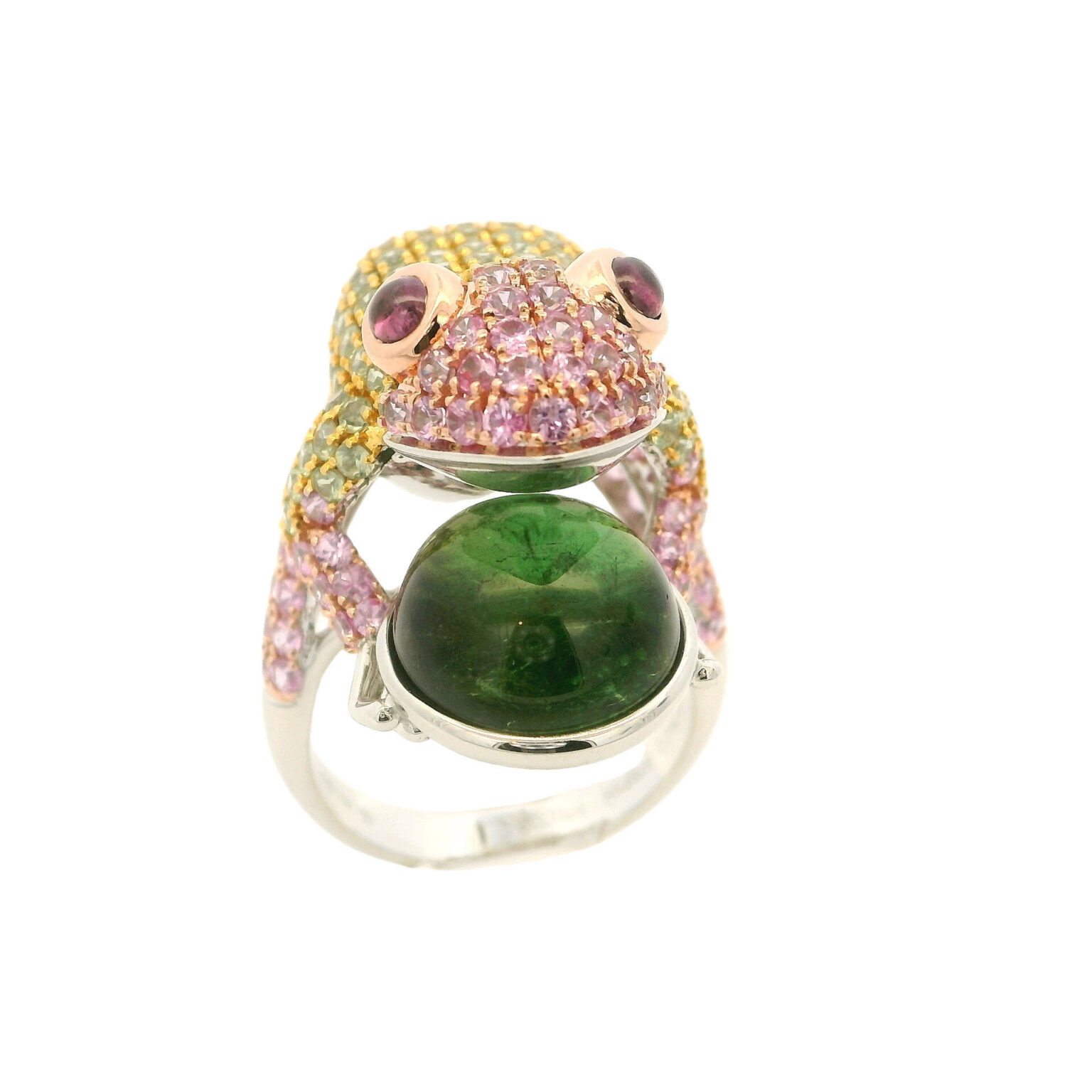 Verspielter Froschring mit Saphir, Turmalin und Rubin